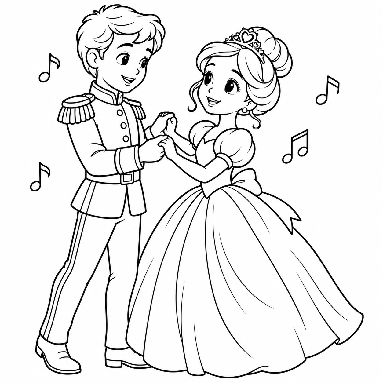 Dancing with the Prince coloring page with a girl and prince holding hands and dancing